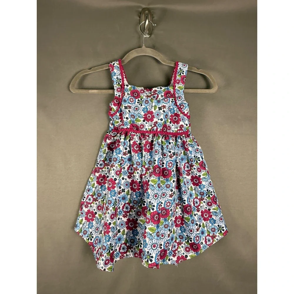 Good Lad Floral Dress Toddler 4T Pink Blue White Pom Pom Trim Sundress